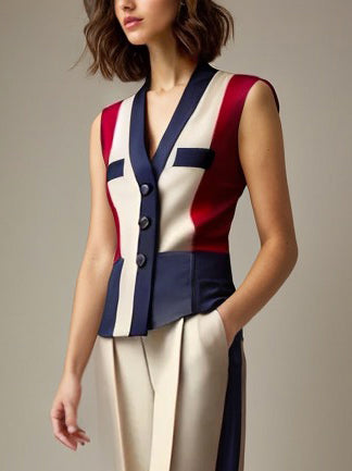 Contrast Color Elasticity Pockets High Waisted Loose Trousers Pants