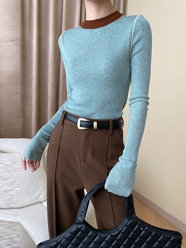 Contrast Color Split-Joint Long Sleeves Skinny Round-Neck Sweater Tops Pullovers