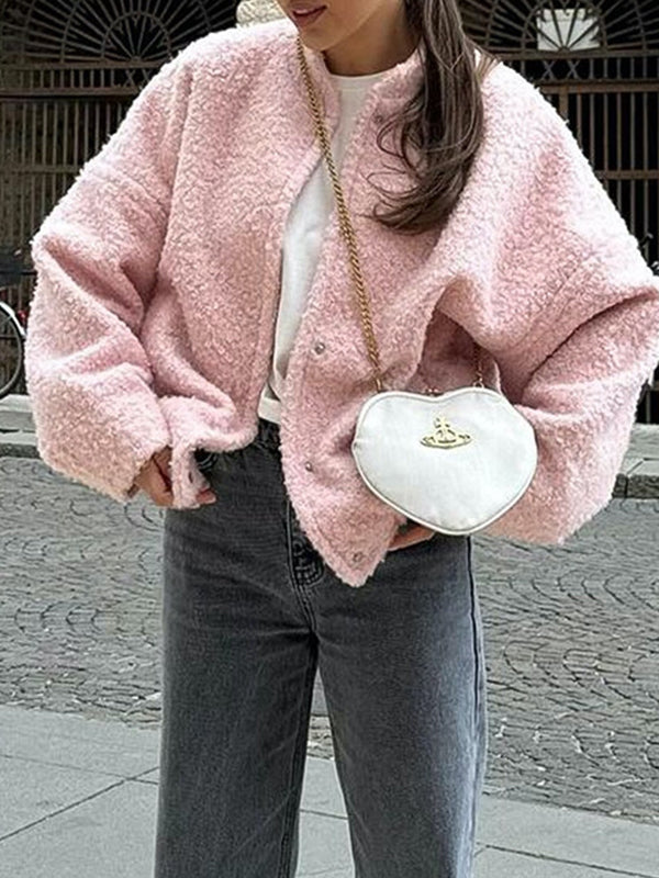 Buttoned Elasticity Pockets Solid Color Split-Joint Long Sleeves Loose Stand Collar Outerwear Jackets