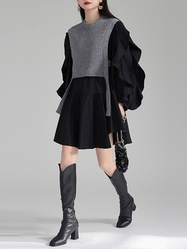 Ruffled Split-Joint Long Sleeves Loose Round-Neck Inner Mini Shirt Dress + Outer Vest Two Pieces Set