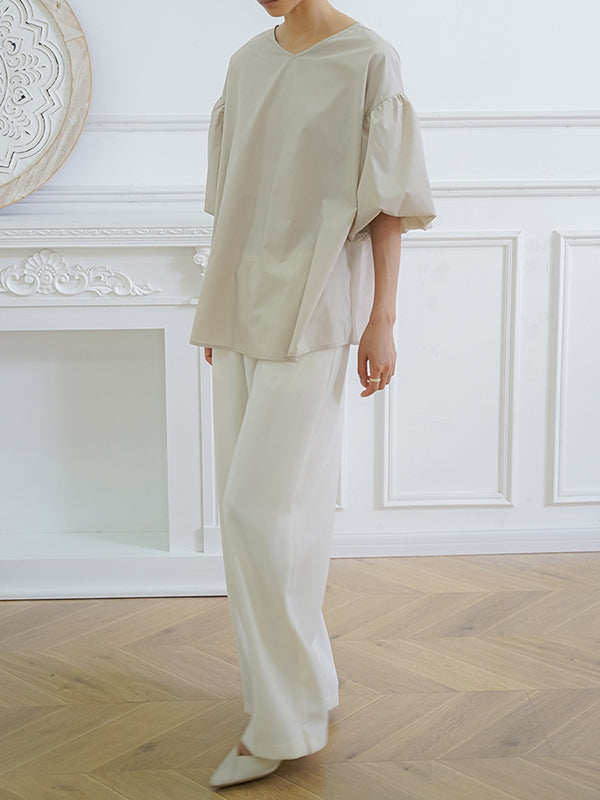 Solid Color Half Sleeves Loose V-Neck Blouses&Shirts Tops