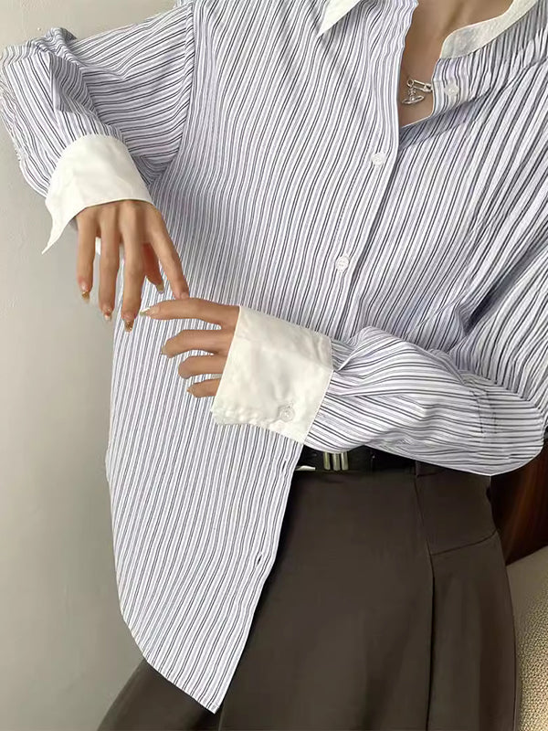 Pleated Split-Joint Striped Irregular Clipping Lapel Blouses