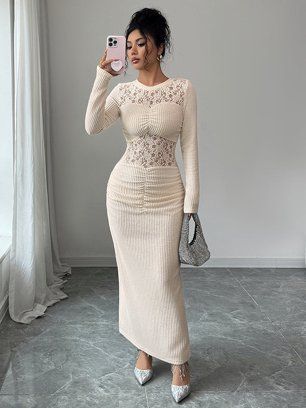 Hollow Lacy Pleated Solid Color Split-Back Split-Joint Zipper Bodycon Long Sleeves Round-Neck Maxi Dresses