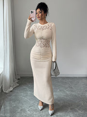 Hollow Lacy Pleated Solid Color Split-Back Split-Joint Zipper Bodycon Long Sleeves Round-Neck Maxi Dresses