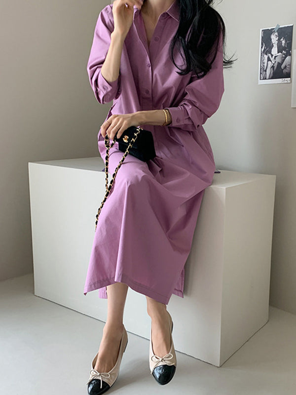 Casual 3 Colors Loose Split-Side Solid Color Midi Dress Shirt Dress