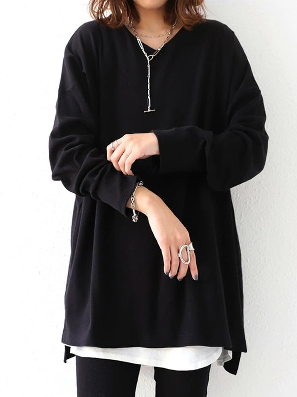 Solid Color Simple V-Neck High-Low Long Sleeve T-Shirts