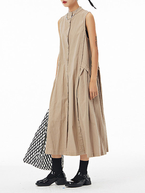 Pleated Solid Color Loose Sleeveless Stand Collar Shirt Dress Midi Dresses
