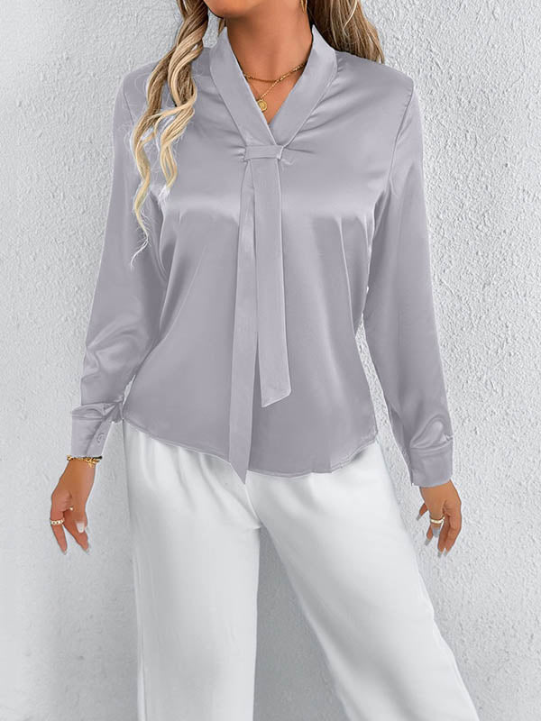 Solid Color Split-Joint Streamer Long Sleeves Loose Scarf Collar Blouses&Shirts Tops