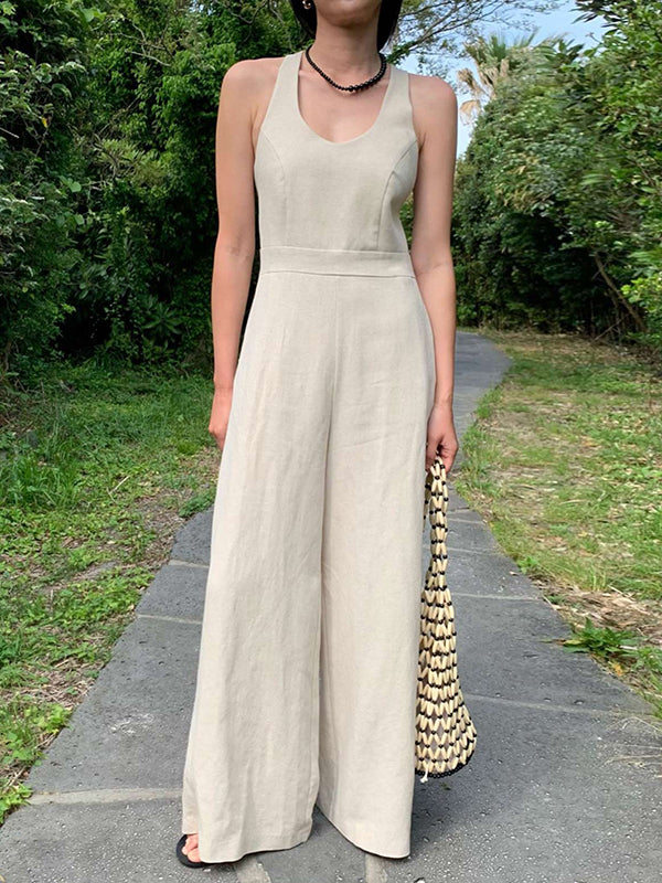 Solid Color Sleeveless Wide Leg Round-neck Jumpsuits