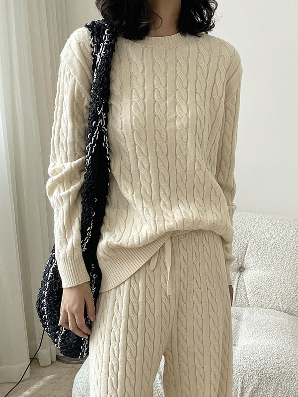 Casual Loose Long Sleeves Jacquard Solid Color Round-Neck Sweater Tops