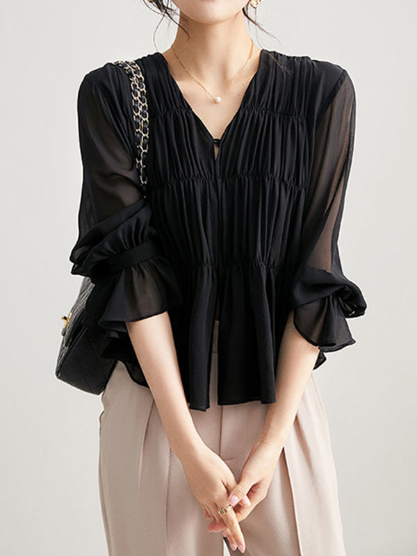 Pleated Solid Color Split-Front Flared Sleeves Long Sleeves V-Neck Blouses&Shirts Tops