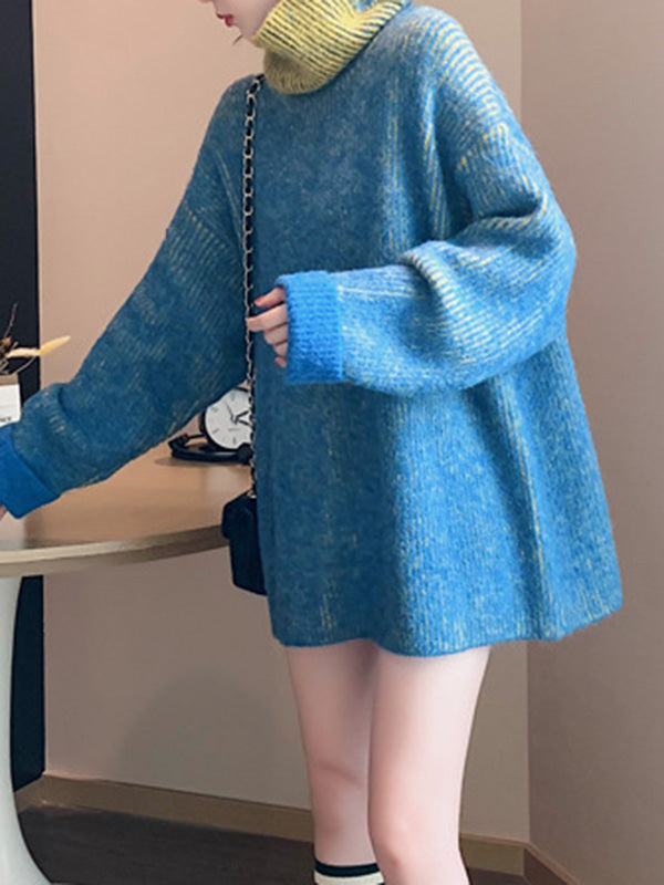 Original Loose Contrast Color High-Neck Long Sleeves Sweater Tops