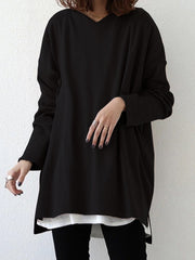 Solid Color Simple V-Neck High-Low Long Sleeve T-Shirts
