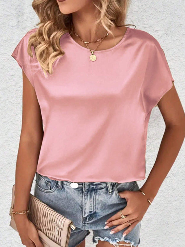 Solid Color Batwing Sleeves Loose Round-Neck T-Shirts Tops