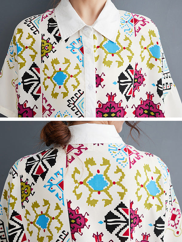 Ethnic Printed Loose Short Sleeves Lapel Midi Dresses