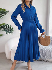 Buttoned Elasticity Pleated Solid Color A-Line Flared Sleeves Lapel Maxi Dresses