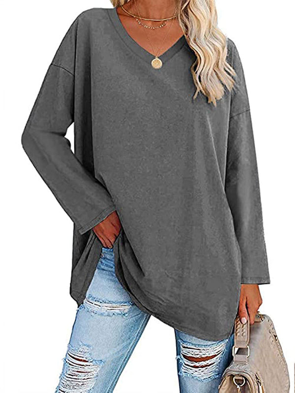 See-Through Solid Color Split-Joint Long Sleeves Loose V-neck T-shirts