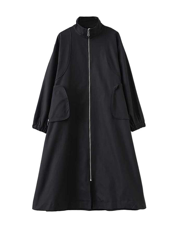 Elasticity Pockets Split-Joint Zipper Long Sleeves Loose High Neck Trench Coats Outerwear