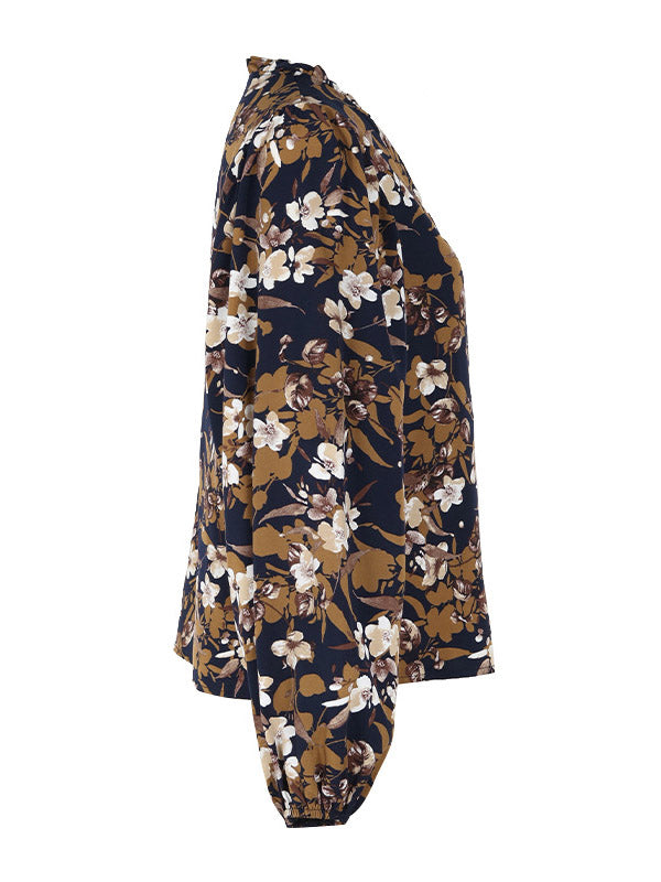 Flower Print Long Sleeves Loose V-Neck Blouses&Shirts Tops