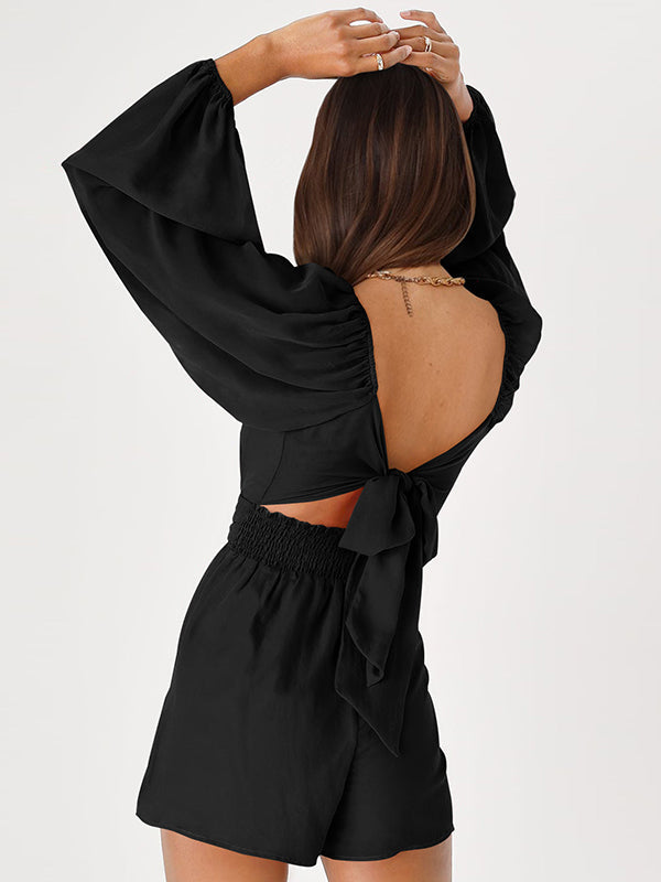 Backless Elasticity Solid Color Tied High Waisted Long Sleeves Square-Neck Rompers