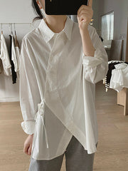 Lace-Up Solid Color Irregular Clipping Long Sleeves Lapel Blouses