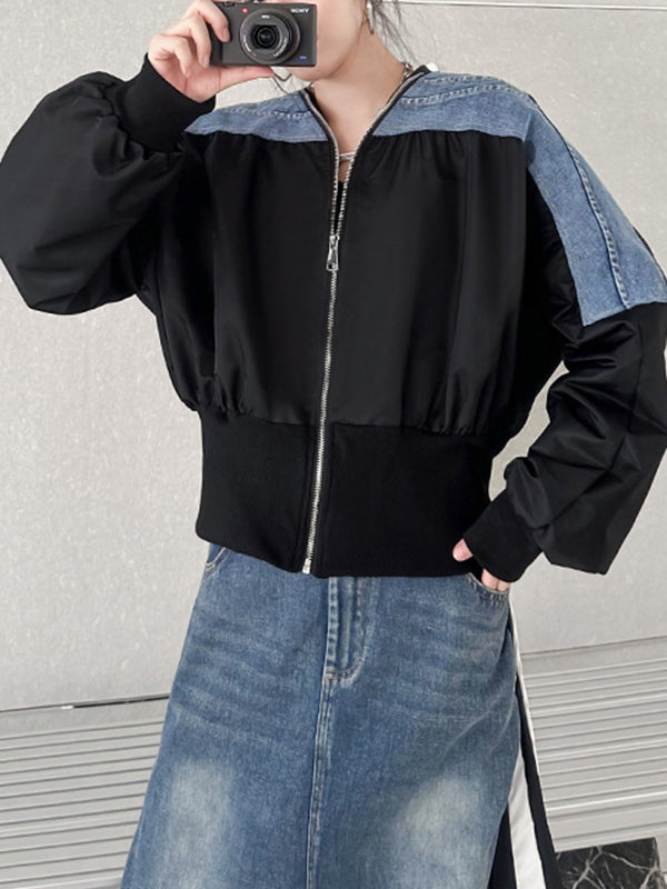 Pleated Split-Joint Zipper Long Sleeves Loose V-neck Outerwear Jackets