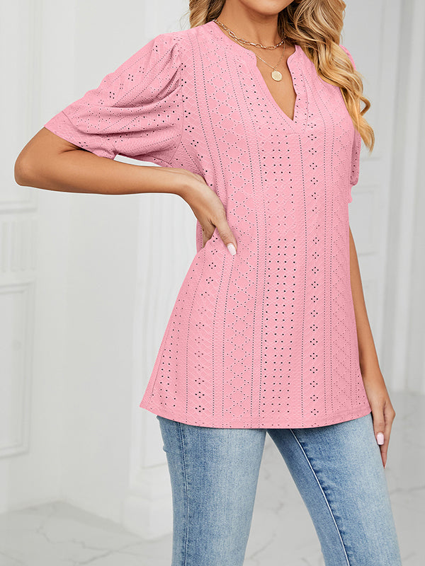 Hollow Solid Color Bishop Sleeve Loose V-neck T-Shirts Tops