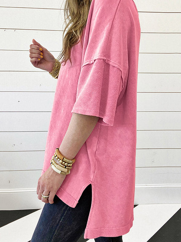 Split-Joint Half Sleeves High-Low Round-Neck T-Shirts Tops