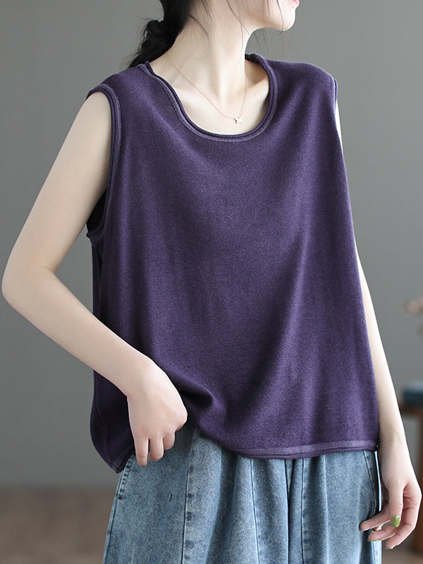 Solid Color Loose Sleeveless Round-neck Knitting Vest Top