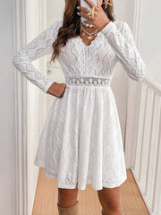 Hollow Lacy Solid Color Split-Joint High Waisted Long Sleeves V-Neck Mini Dresses