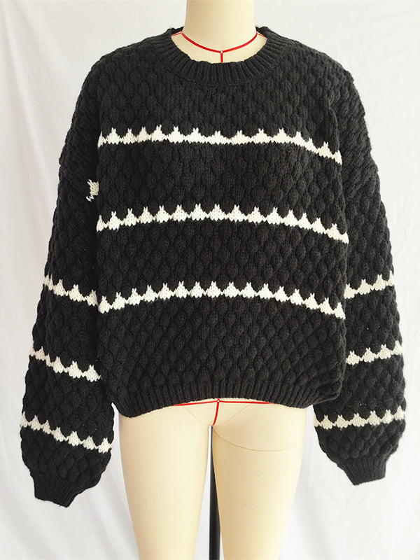 Split-Joint Loose Puff Sleeves Round-neck Sweater Tops