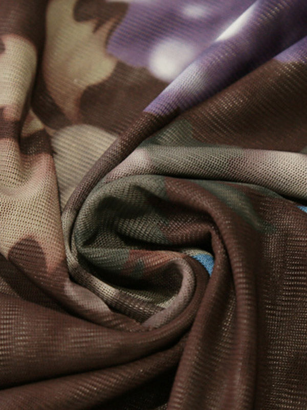 Floral Printed See-Through Split-Joint Long Sleeves Plus Size High Neck T-Shirts