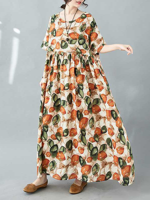 Pleated Printed Split-Joint Half Sleeves Loose Round-Neck Midi Dresses