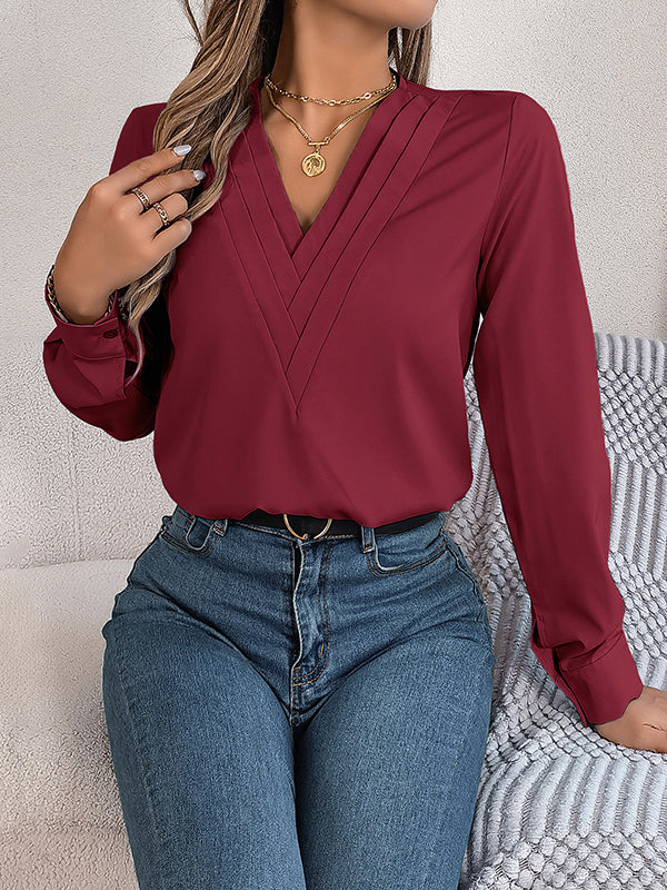 Pleated Solid Color Split-Joint Long Sleeves Loose V-Neck T-Shirts Tops