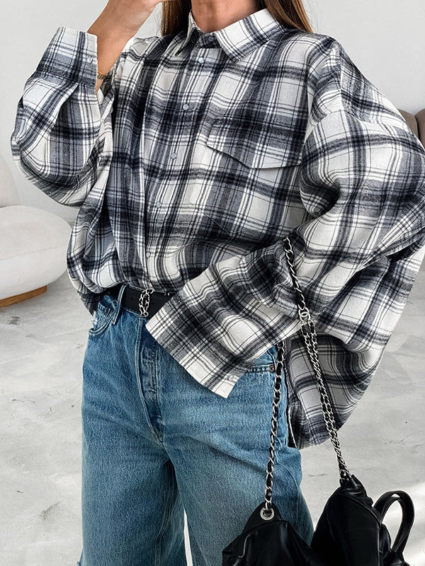 Buttoned Plaid Pockets Long Sleeves Loose Lapel Blouses&Shirts Tops