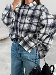 Buttoned Plaid Pockets Long Sleeves Loose Lapel Blouses&Shirts Tops