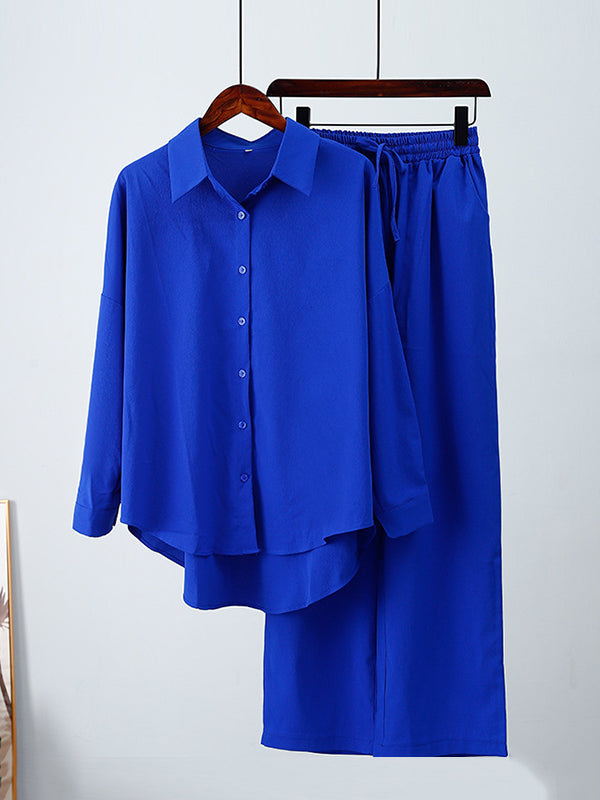 Solid Color Split-Joint High-Low Long Sleeves Buttoned Lapel Blouses + Drawstring Pants Two Pieces Set