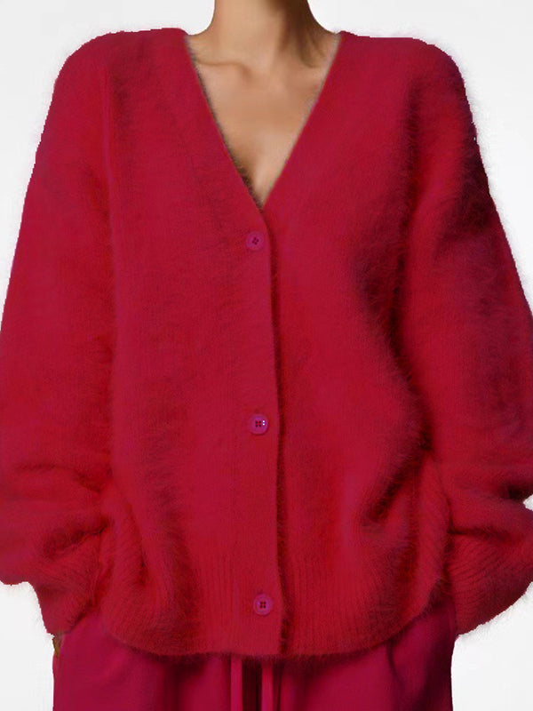 Buttoned Solid Color Long Sleeves Loose V-Neck Cardigan Tops