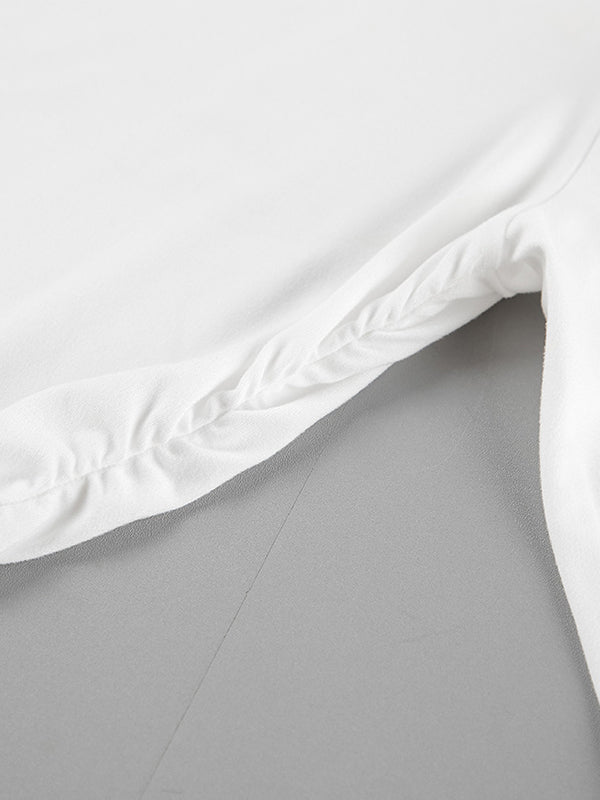 Pleated Solid Color Long Sleeves Skinny Round-Neck T-Shirts Tops