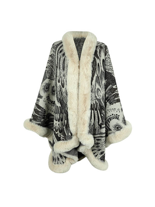 Jacquard Keep Warm Velvet Long Sleeves Loose Collarless Shawl Cape