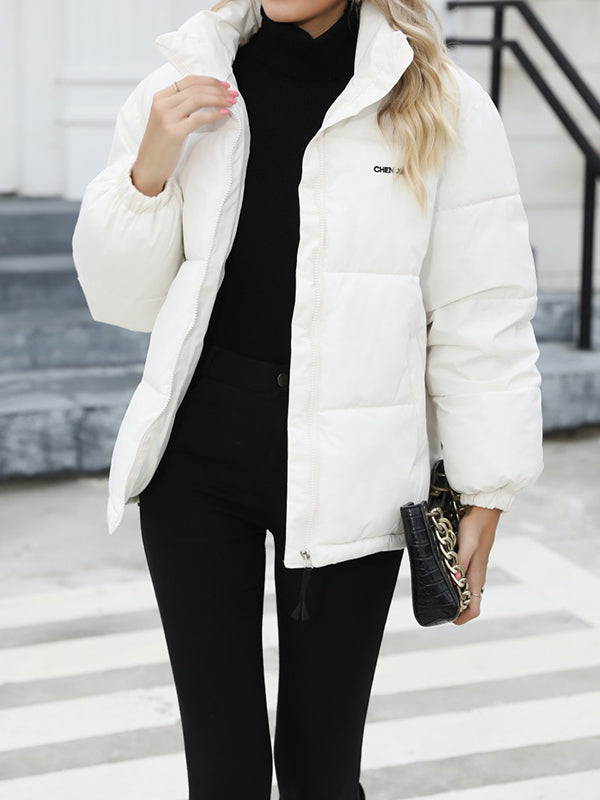 Keep Warm Quilted Solid Color Zipper Long Sleeves Loose High Neck Padded Coat