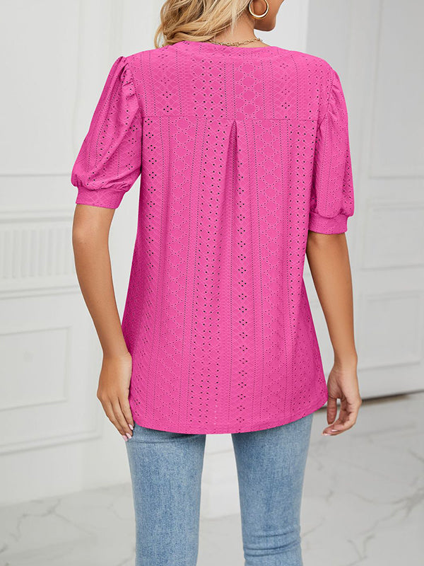 Hollow Solid Color Bishop Sleeve Loose V-neck T-Shirts Tops
