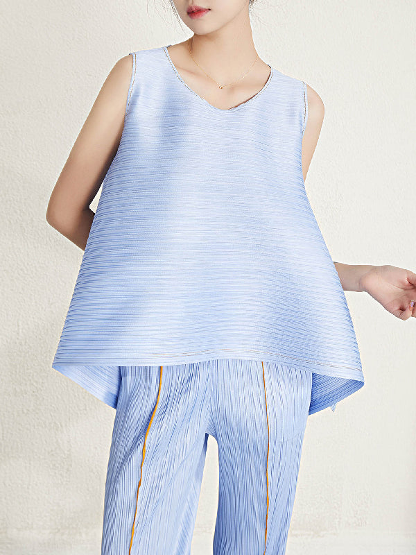 Cropped Sleeveless Pleated Round-Neck Vest Top