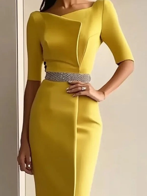 No Belt Solid Color Split-Joint Split-side Bodycon Half Sleeves Square-neck Maxi Dresses