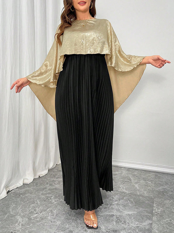 Contrast Color Pleated Shiny Split-Joint High-Low Loose Round-Neck Maxi Dresses