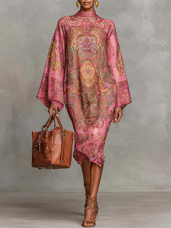 Contrast Color Printed Long Sleeves Loose Mock Neck Midi Dresses