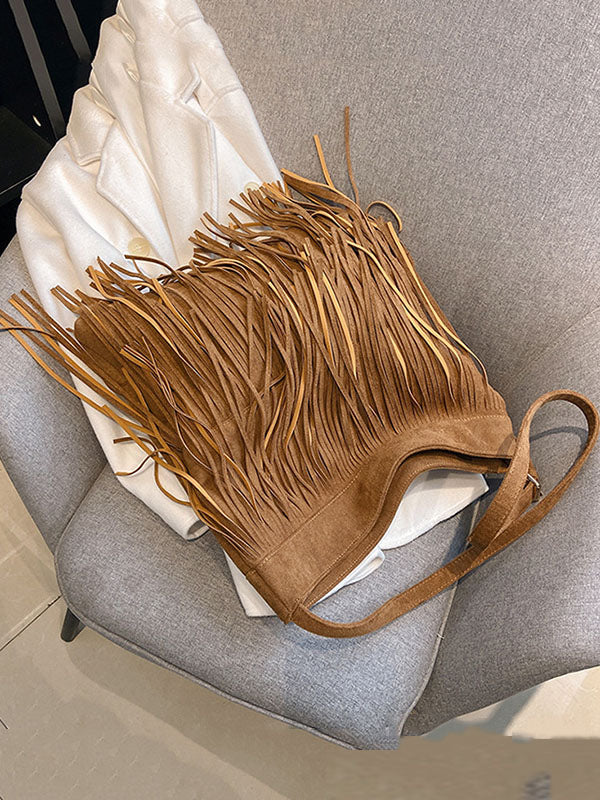 Hollow Solid Color Tasseled Zipper Handbags Crossbody Bags
