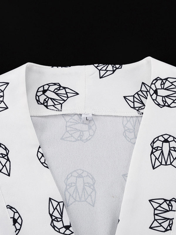 Loose  Printed  Long Sleeves Tied Waist Robes + High-Waisted Short Bottom Robes Pajama Sets