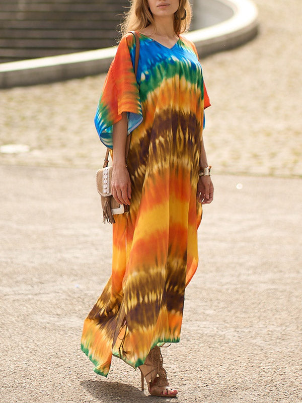 Split-Side Tie-Dyed Batwing Sleeves Loose V-Neck Maxi Dresses Beach Cover-Up