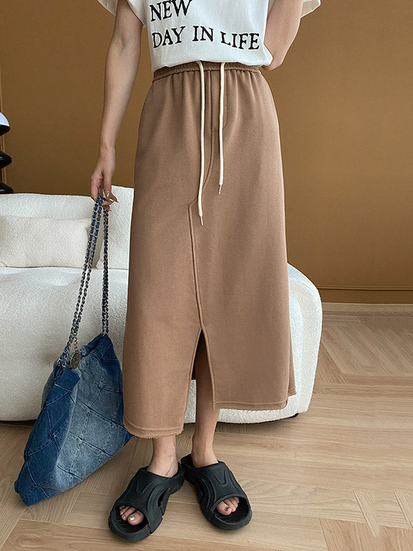 Asymmetric Drawstring Split-Front A-Line Skirts Bottoms